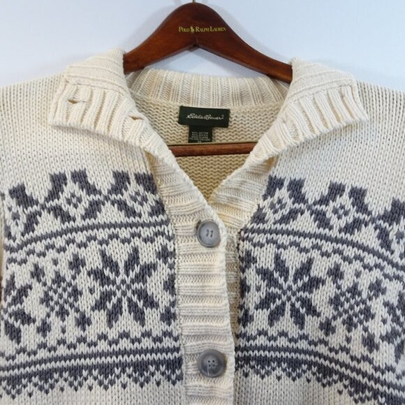 Eddie Bauer Women’s Cotton-Blend Chunky Knit Snowflake Cardigan Sweater Size M - Picture 2 of 7
